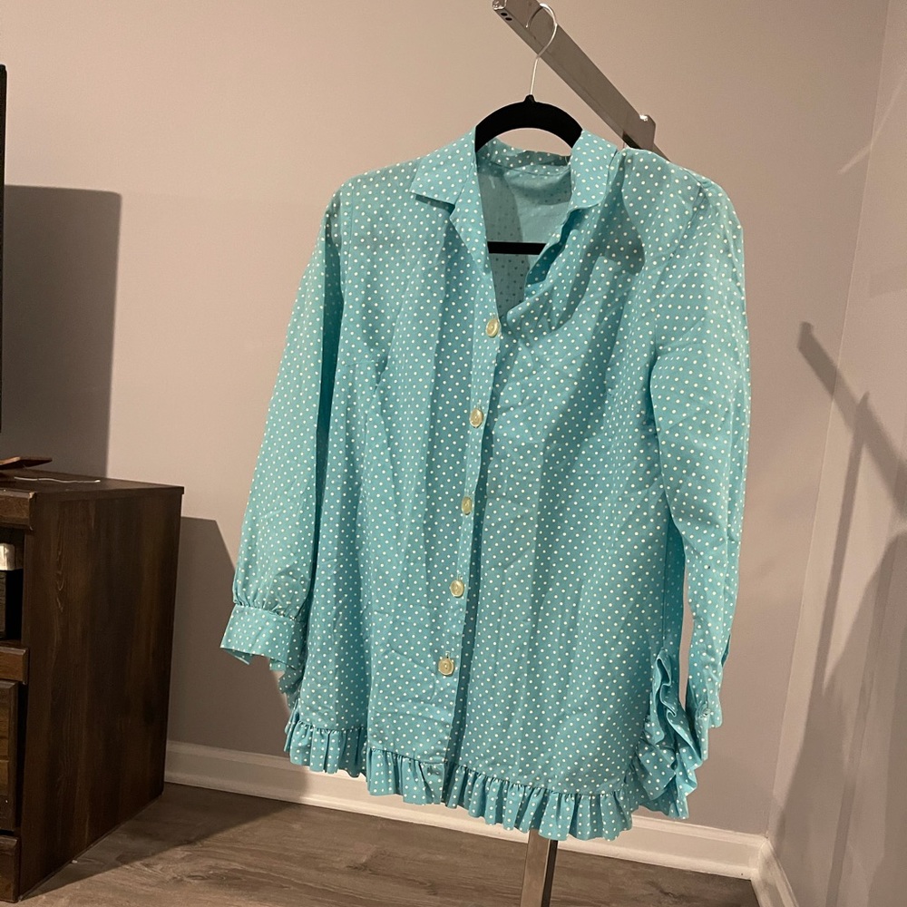 Blue and white polka dot, ruffle button-down shirt